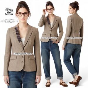 Anthropologie Cartonnier striped ribbon lapel metallic tweed wool blazer